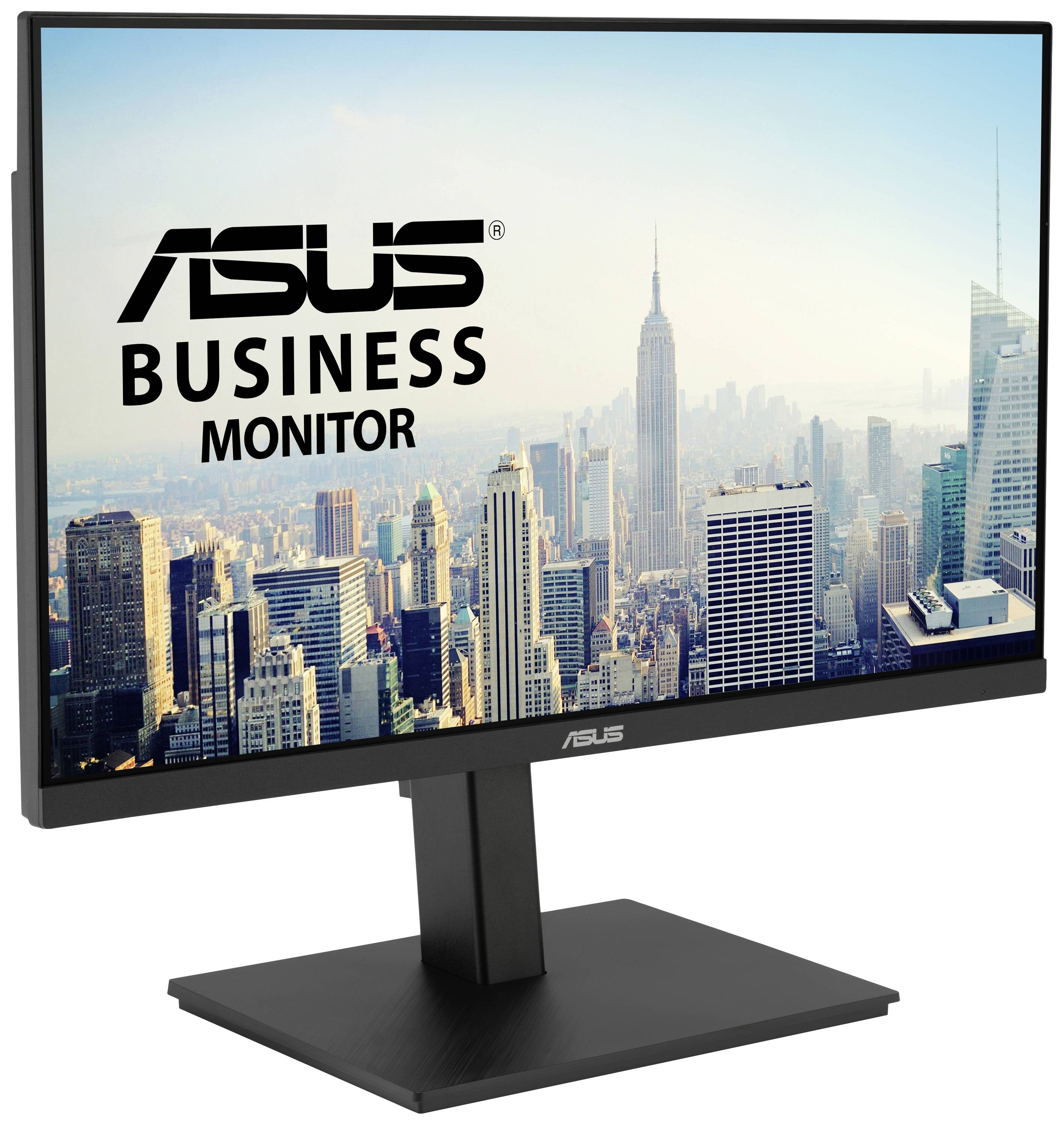 An ASUS business monitor displays a city view with skyscrapers. Ideal for business applications and productive work.