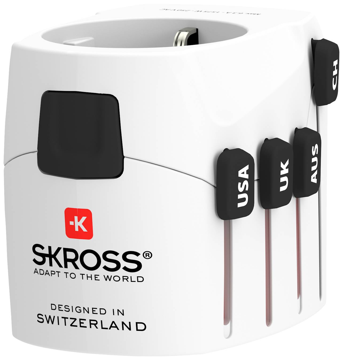 Adapter plug by SKROSS, with white casing and black switches, compatible with USA, UK, AUS and Switzerland. Designed in Switzerland.
