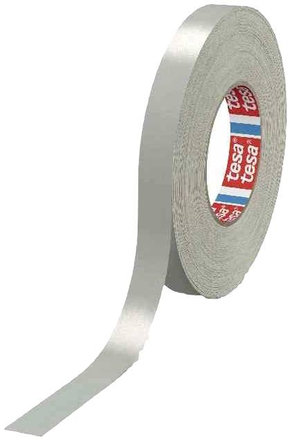 A grey adhesive tape on a roll with a red inner side, featuring the word 'tesa'.