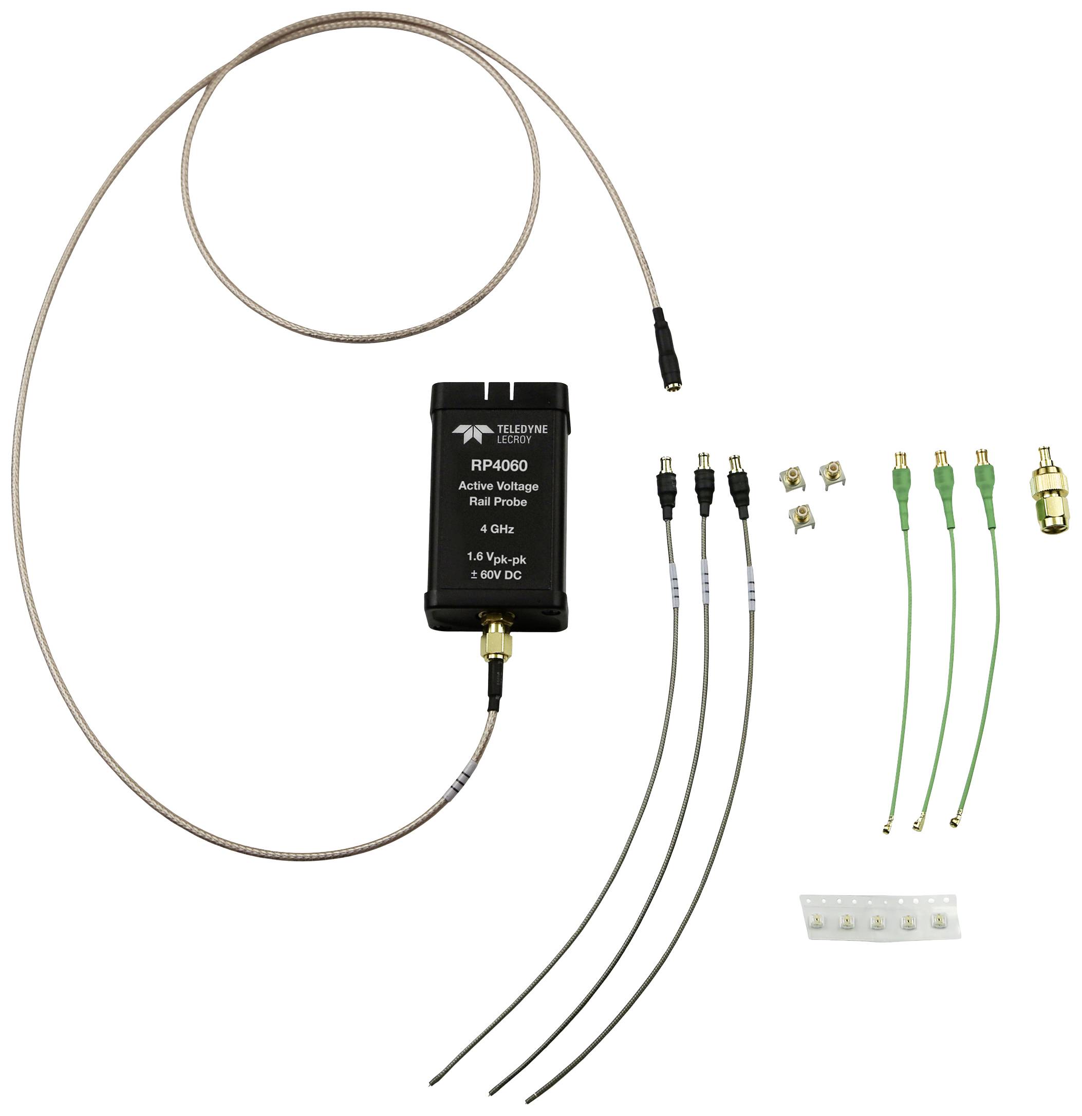 Active probe with accessories, including cables and connectors. Suitable for voltage measurement on analogue signals.