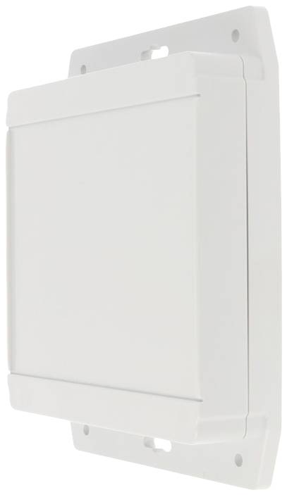White, rectangular plastic cover mounted on a wall.