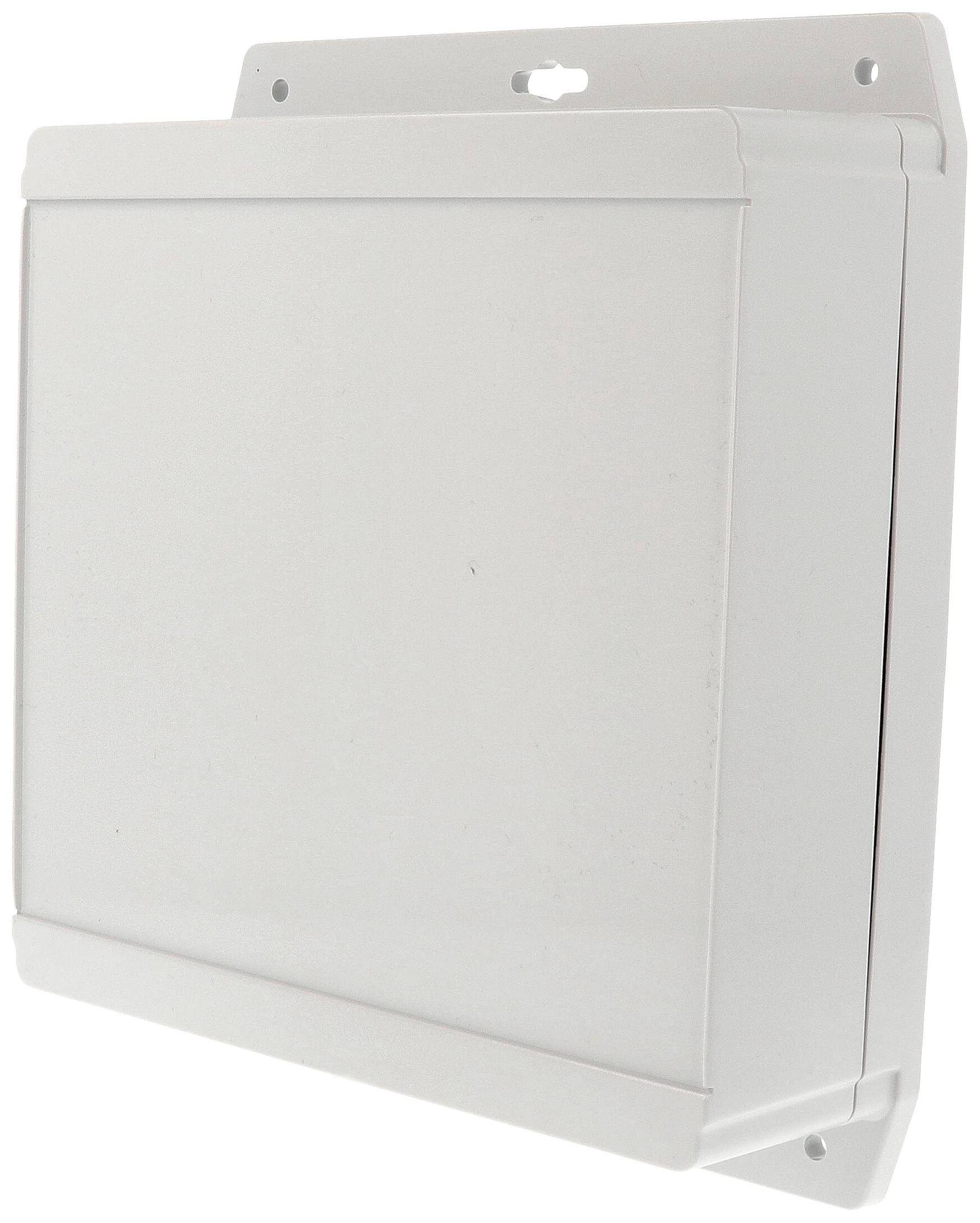 Grey rectangular metal box with wall mounting, simple design, no visible labels or symbols, focus on functionality.