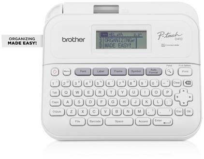 Labelling device with keyboard and small screen. The screen displays 'ORGANIZING MADE EASY!'