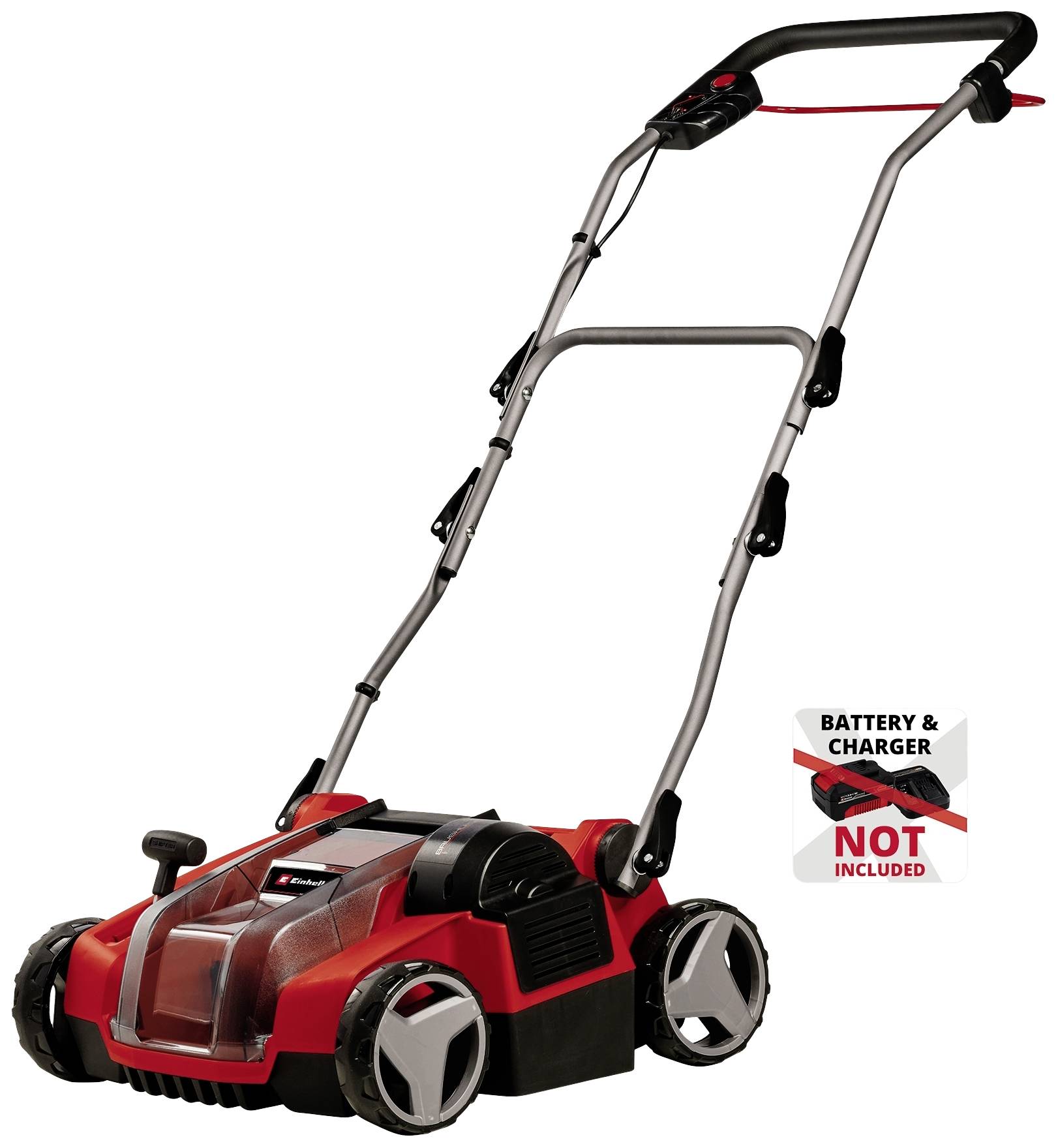 A red electric lawn scarifier on a white background. A sticker beside it indicates that battery and charger are not included.