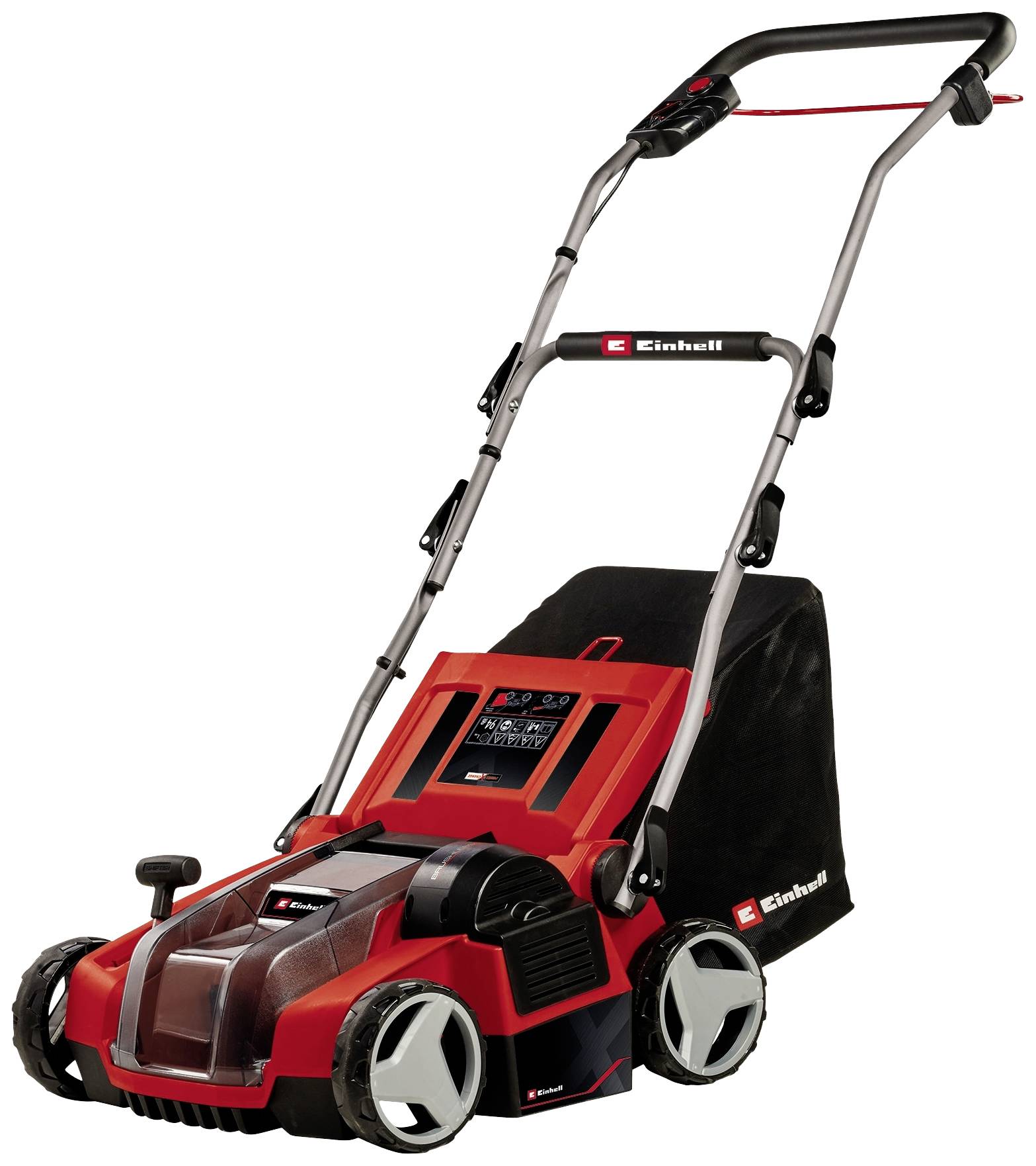 A red electric lawnmower with a black collection box and an adjustable-height handle, set against a white background.
