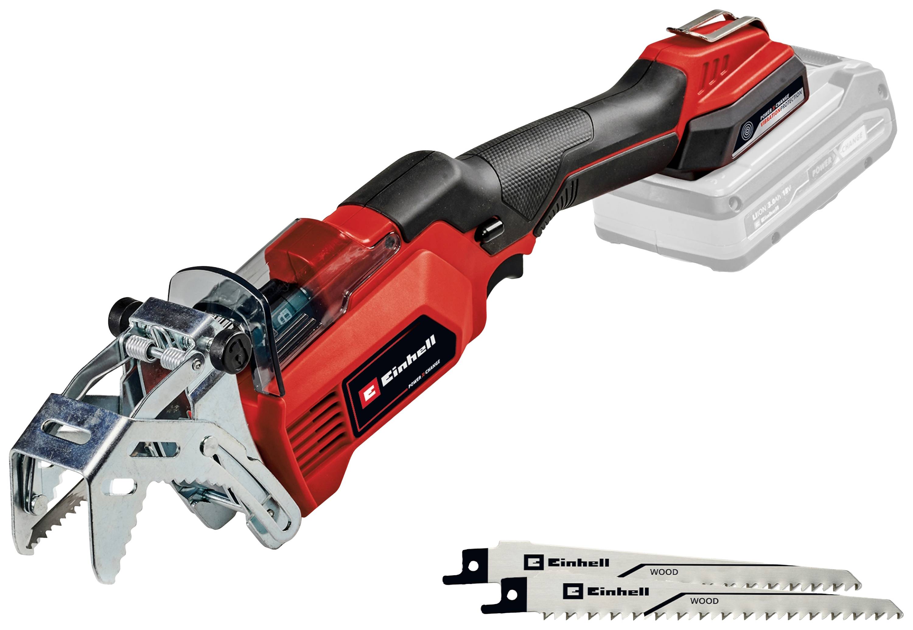 A red cordless chainsaw by Einhell, with two interchangeable saw blades.