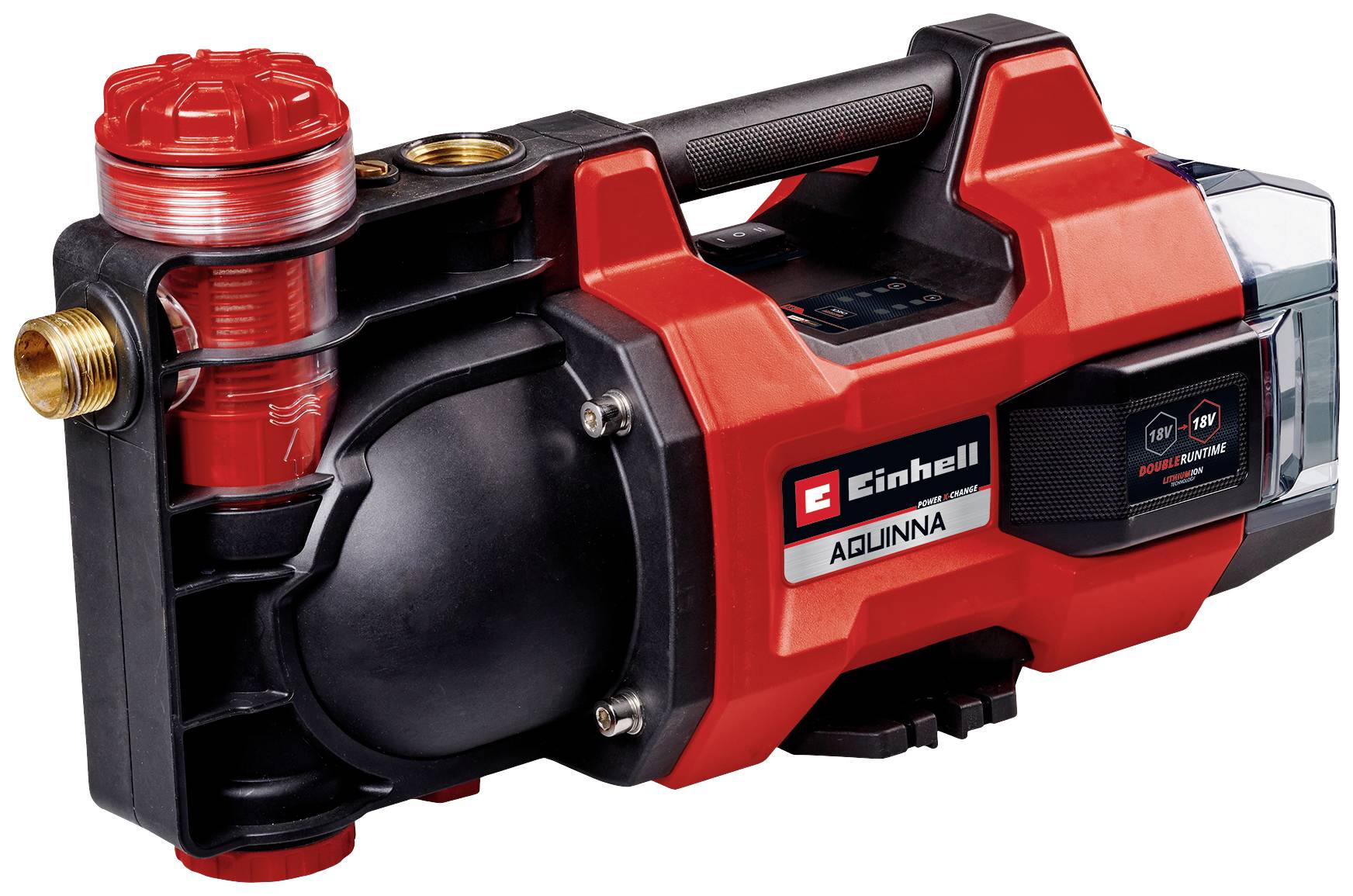 Einhell garden pump in a red housing with connection pieces and carrying handle, model 'AQUINNA', suitable for water transfer.<br><br>Einhell garden pump in a red casing with connectors and carry handle, 'AQUINNA' model, designed for water pumping.