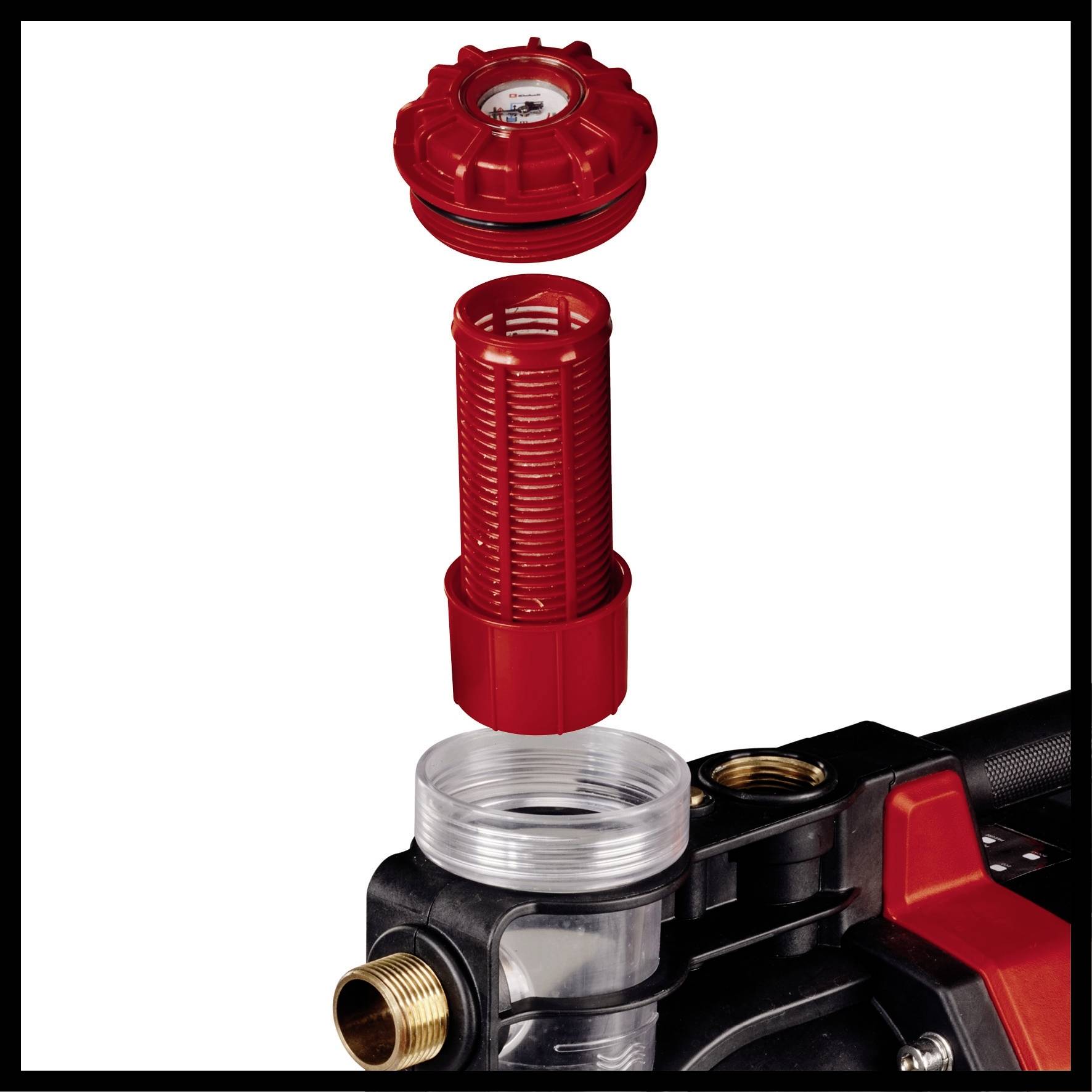 Filter device with a removable red filter cover and filter insert on a black pump; metal connection visible on the side.