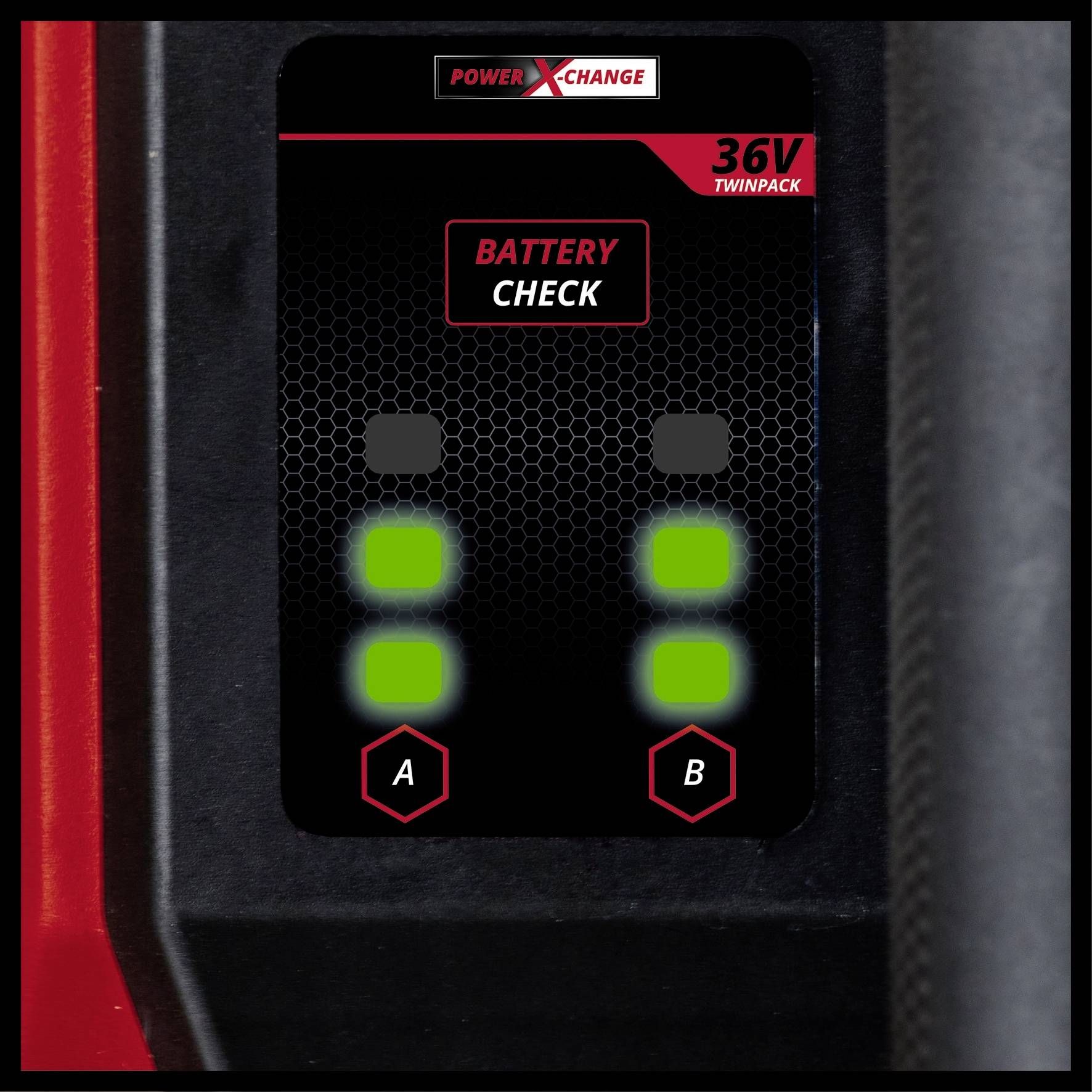 Display of a 'Battery Check' for a 36V Twinpack, showing two illuminated symbols with the letters 'A' and 'B', indicating battery status.