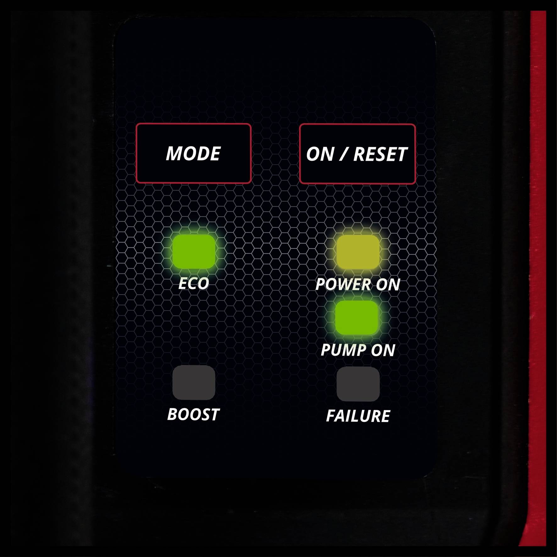 'Mode' with LED indicators: 'Eco' and 'Boost'. 'On/Reset' with LEDs: 'Power On', 'Pump On' and 'Failure'.