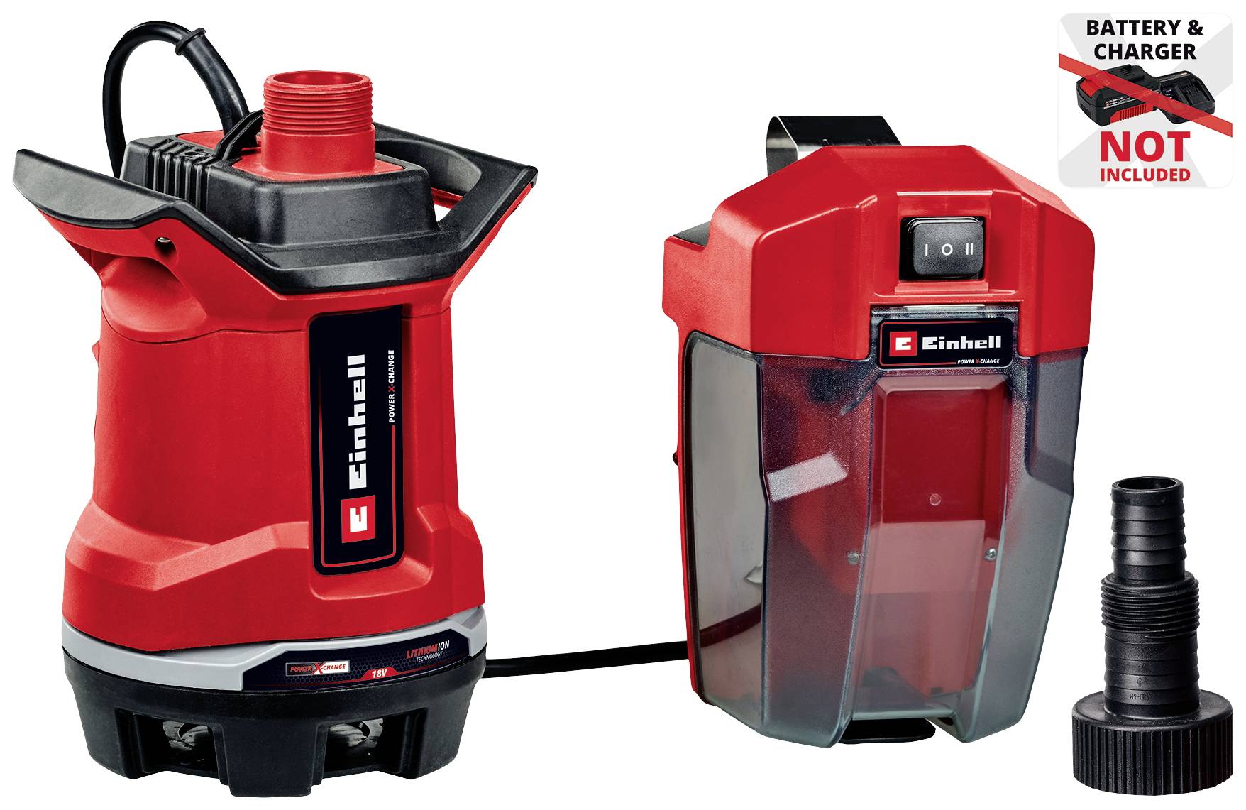A red Einhell submersible pump with accessories was pictured. The battery and charger are not included in the delivery.