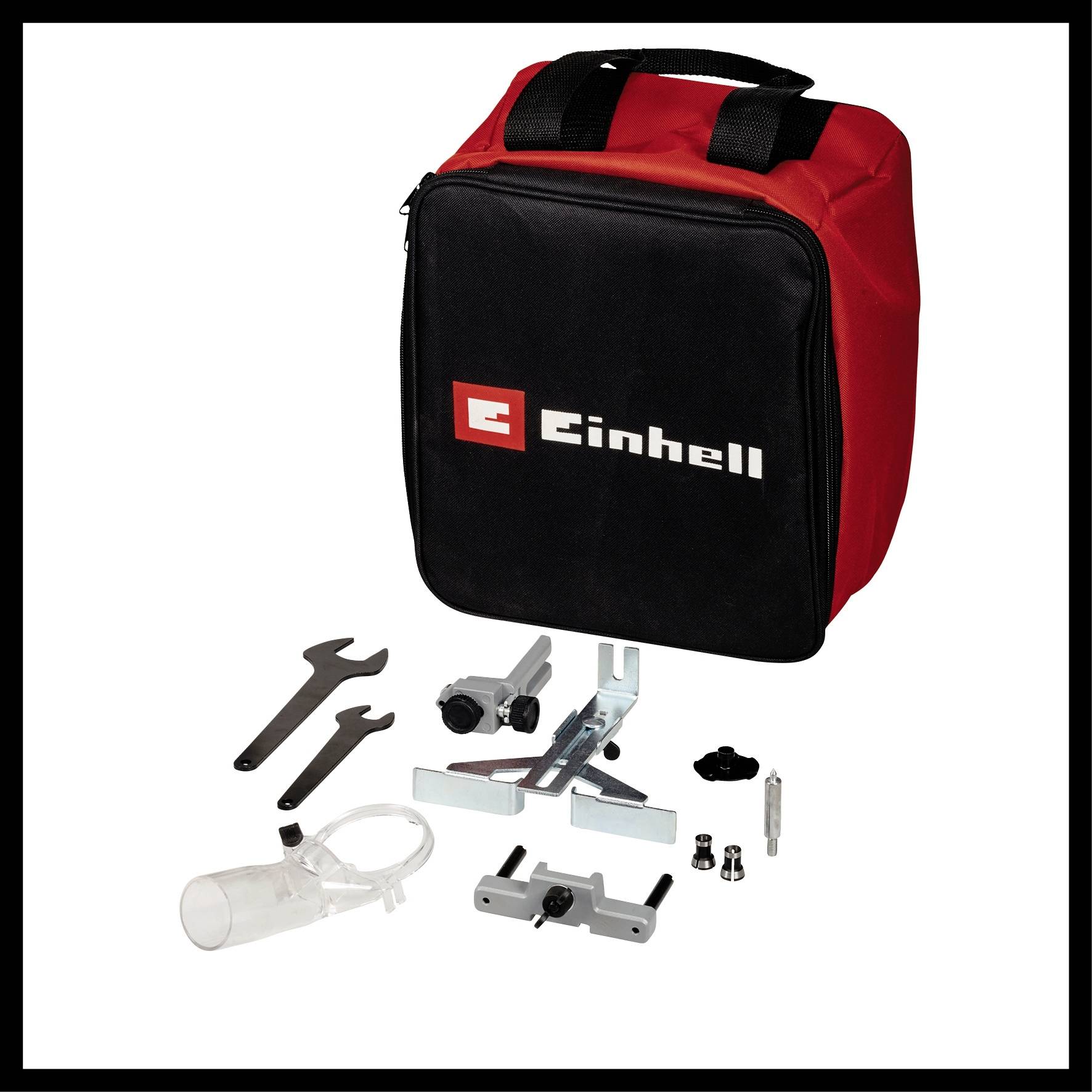 Einhell tool bag with multiple accessories including two spanners, a holder, and a plastic container.