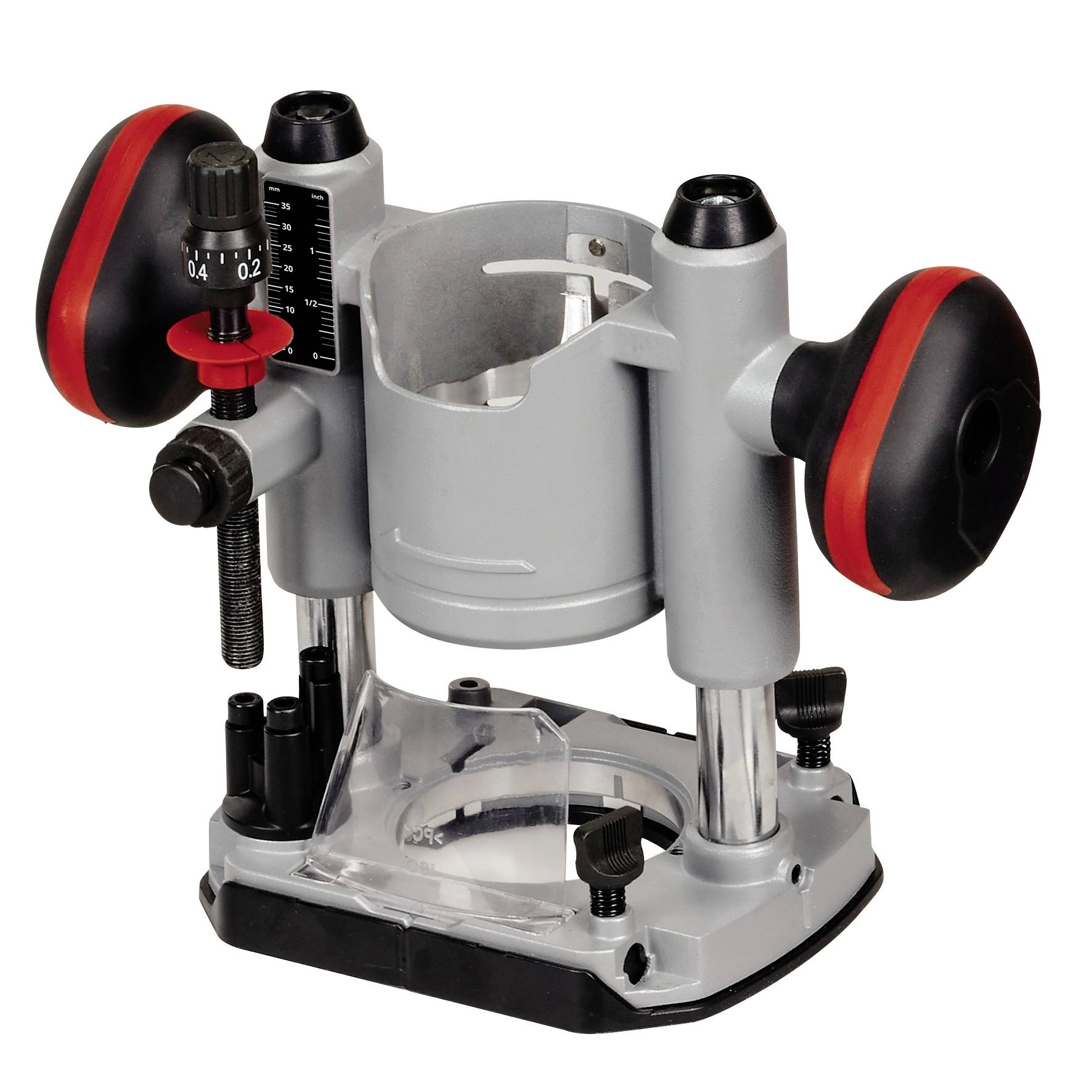 Router attachment in grey and red with adjustment scale and two handles, used for precise woodworking.