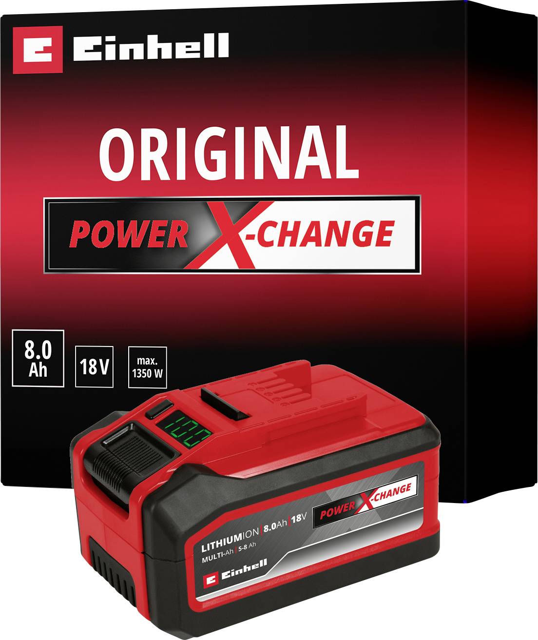 Two red Einhell rechargeable batteries, 18V lithium-ion, with different capacities: 5.2 Ah and 8.0 Ah.
