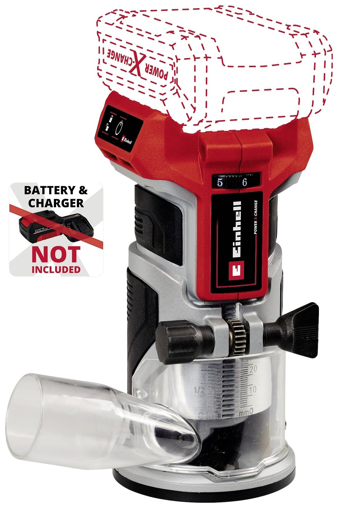 Battery router in red and black, without battery and charger. Depth adjustment scale and dust extraction adapter visible.