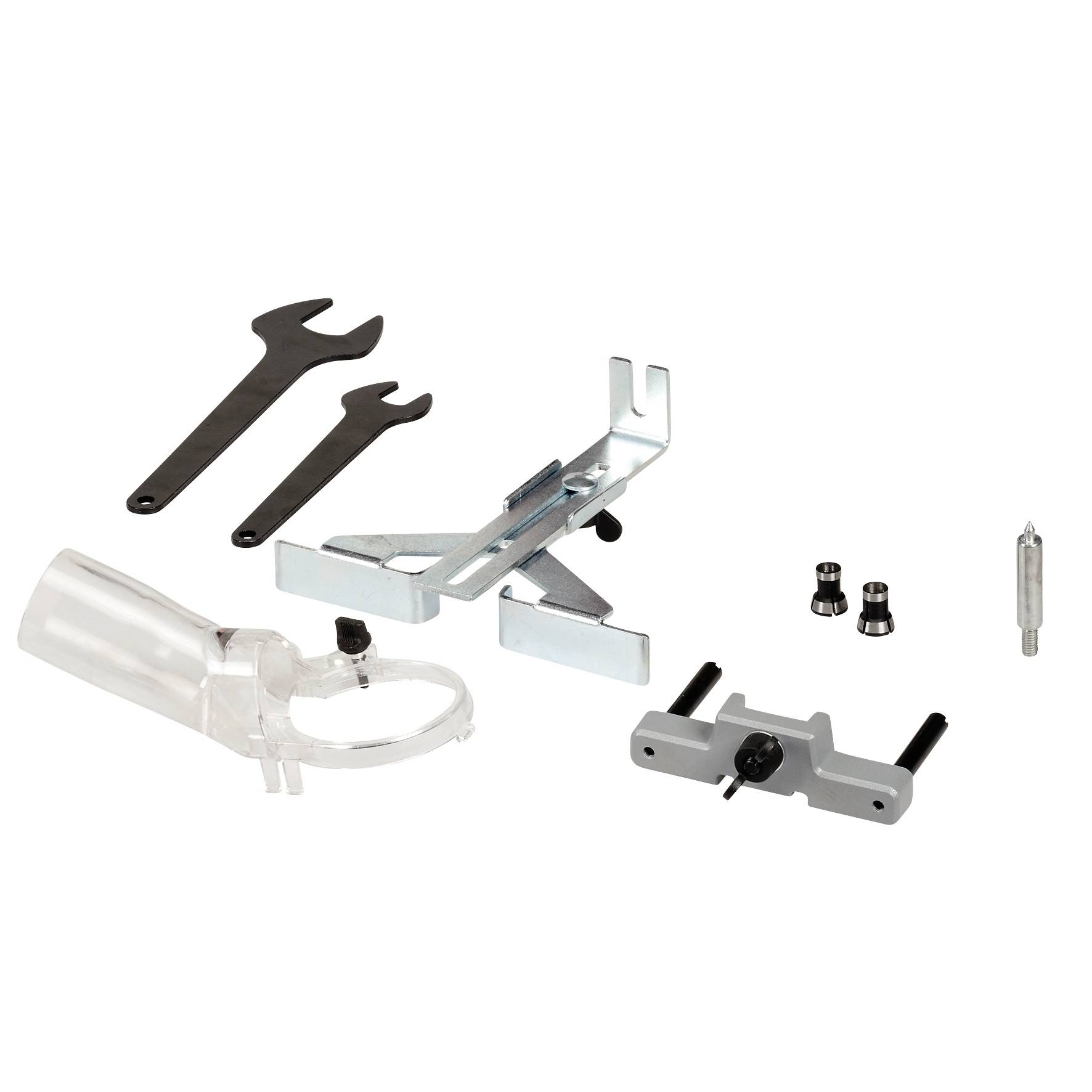 Various drill accessories, including a dust protection cover, two spanners, an angle guide and screws.