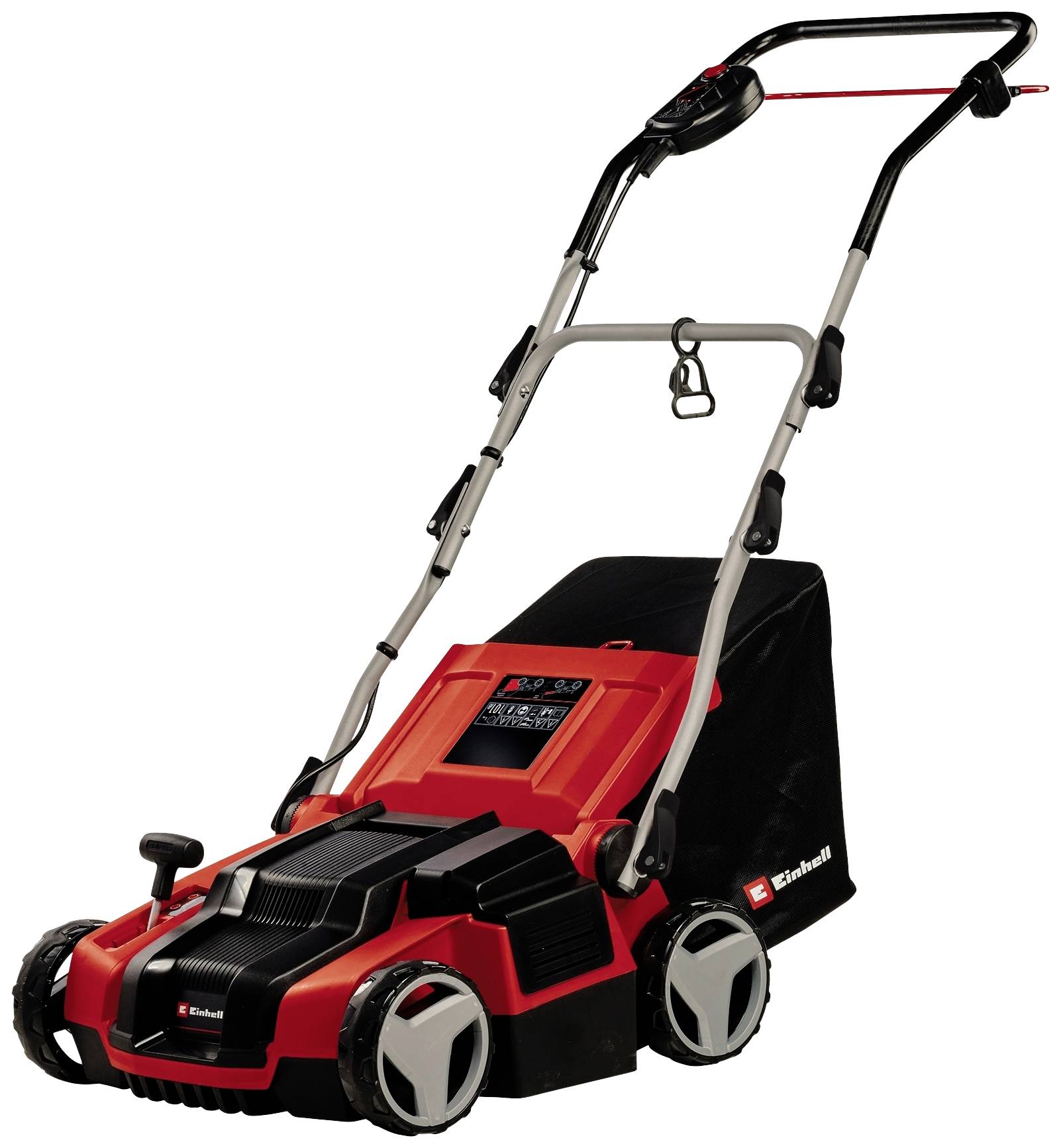 A red and black electric lawnmower with a collection box and folding handle. Ideal for mowing small to medium-sized gardens.