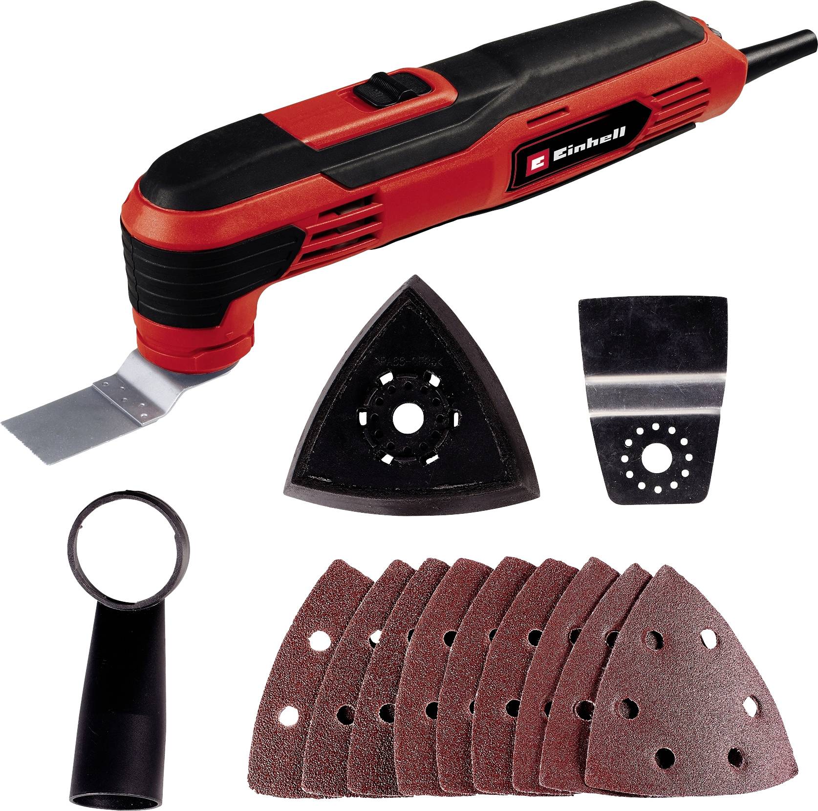 A multi-tool set with red and black power tools, sanding attachments, a scraper, and accessory parts.