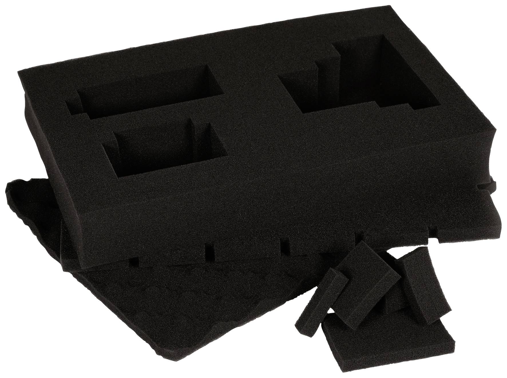 Black foam with rectangular cut-outs, potentially used for protective or transport packaging for delicate items.