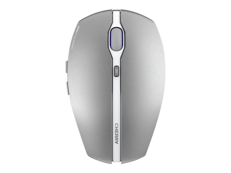 Silver, wireless computer mouse with an ergonomic design and a scrollable mouse wheel in the middle, with the 'Cherry' brand visible.
