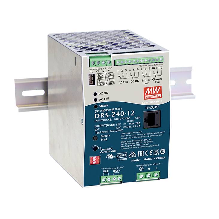 Industrial DIN rail power supply, model 'DRS-240-12', mounted on din rail. Provides 12V, 240W power, with LEDs for status indicators.