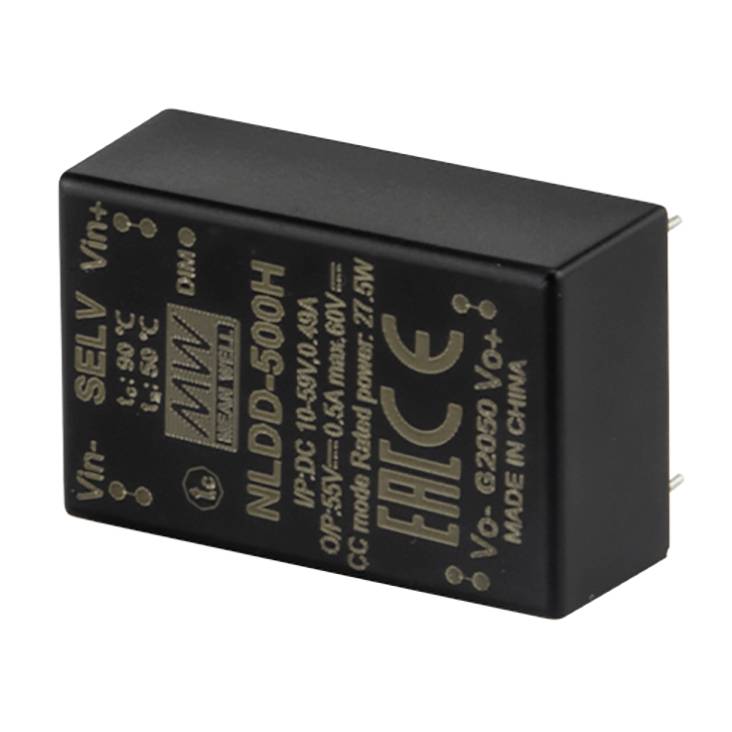 Rectangular electronic component with the inscription 'NLDD-500H', displaying specifications and country of origin 'Made in China'.