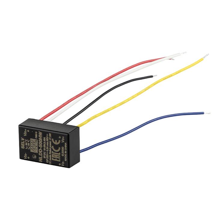 Electronic component with a black housing and five coloured cables (red, black, yellow, white, blue) for energy transmission.