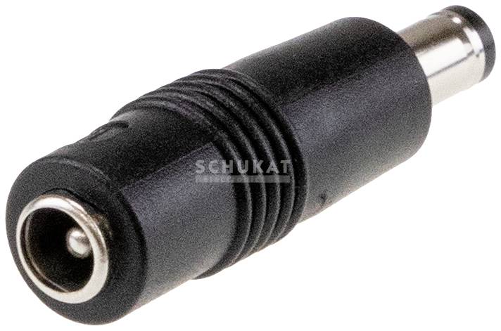 Black DC plug with metal tip, positioned sideways. Suitable for electrical connections and device connections.