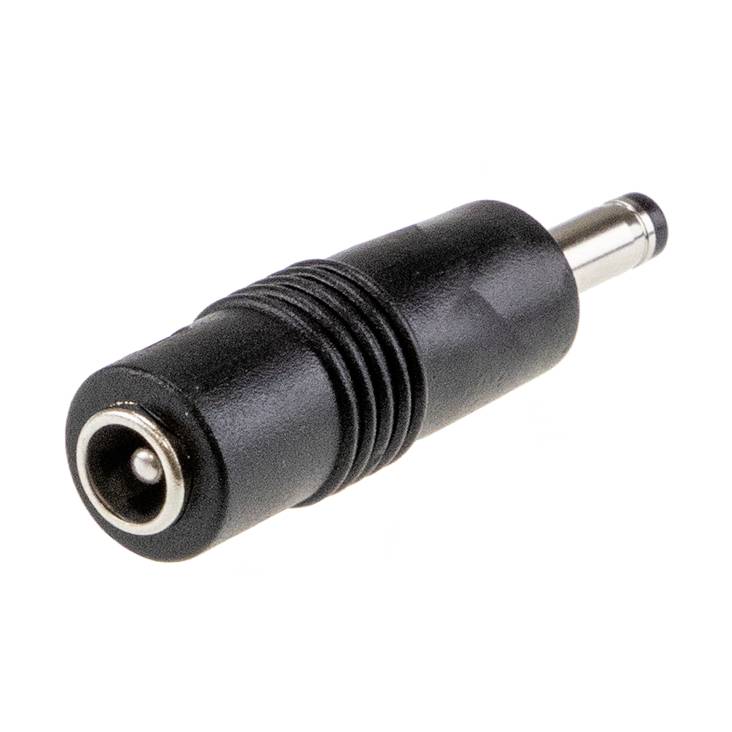 Black adaptor plug, cylindrical in shape, with a metal tip, suitable for audio or power connections.