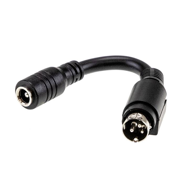 A black adapter cable with a 4-pin male mini-DIN plug and a female jack socket.