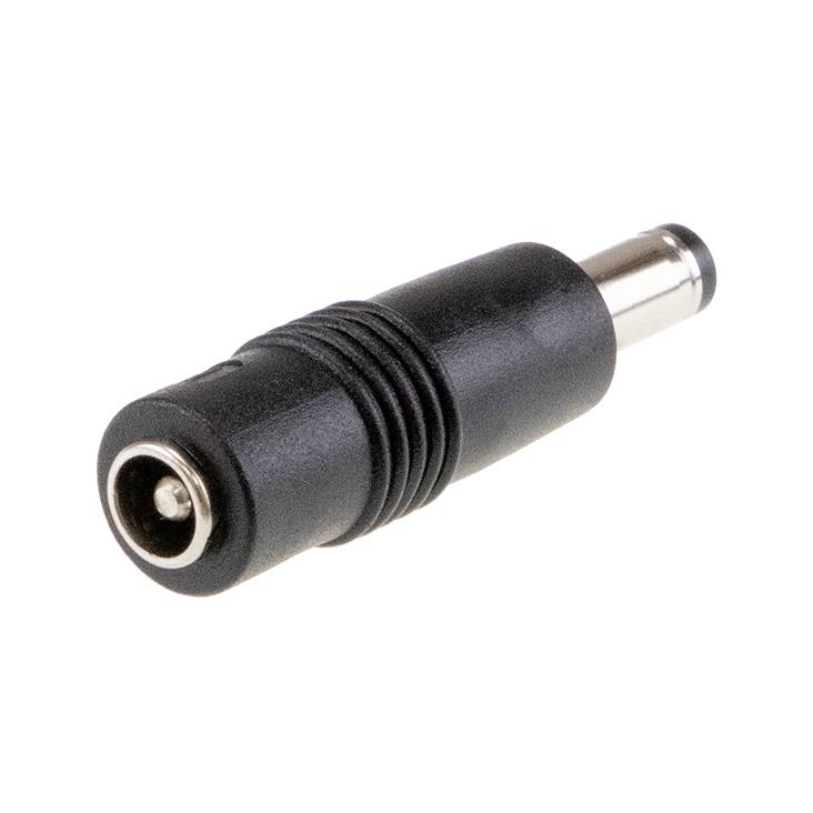Black DC plug adapter, cylindrical, with metal tip and plastic housing.