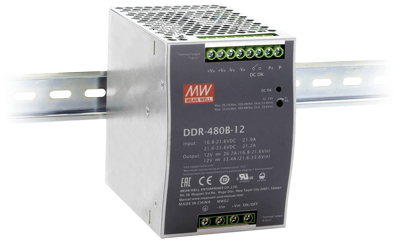 A Mean Well power supply, model DDR-480B-12, mounted on a DIN rail, suitable for industrial applications.