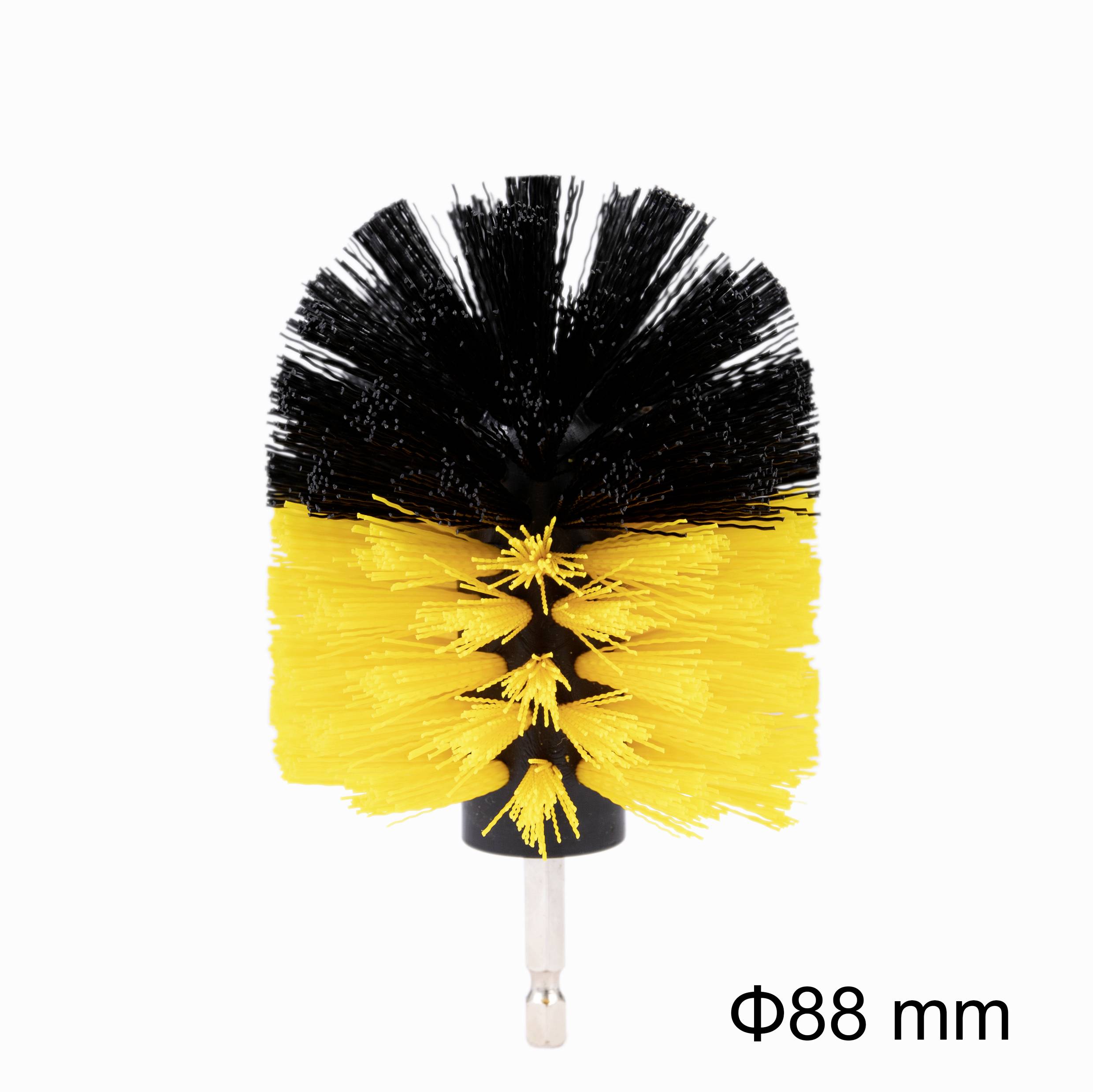 A black and yellow round brush with a handle, 88 mm in diameter, on a white background.
