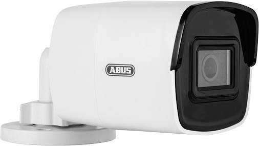 Security camera with a black border on a white casing, mounted on a wall bracket.