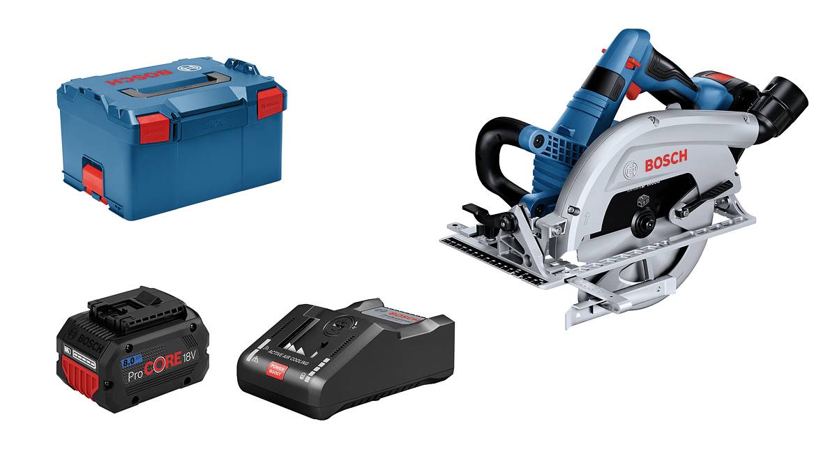 The image depicts a blue Bosch cordless circular saw with battery and charger next to a carry case. Ideal for mobile sawing work.