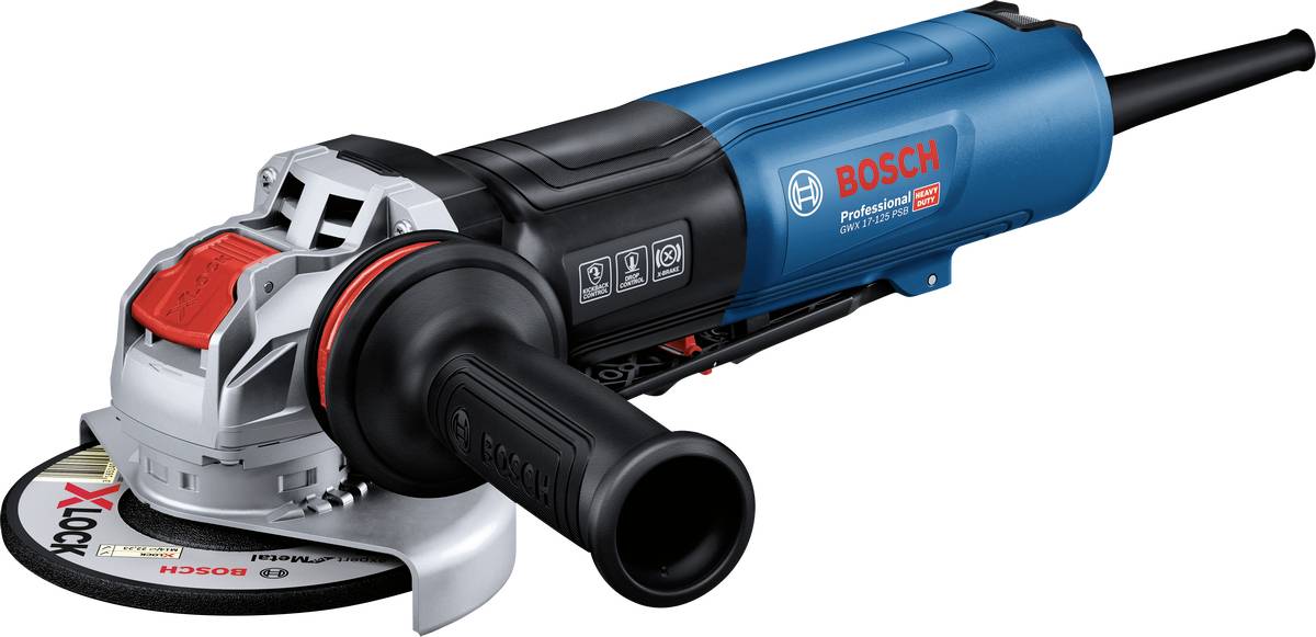 A blue angle grinder with a red switch and black handle. Text 'BOSCH Professional' on the device.