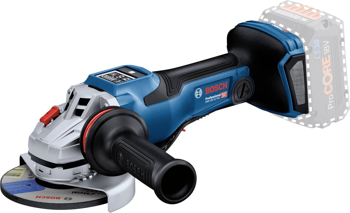 Battery-powered angle grinder with a blue casing and black handle. 'Bosch' brand name on the side.