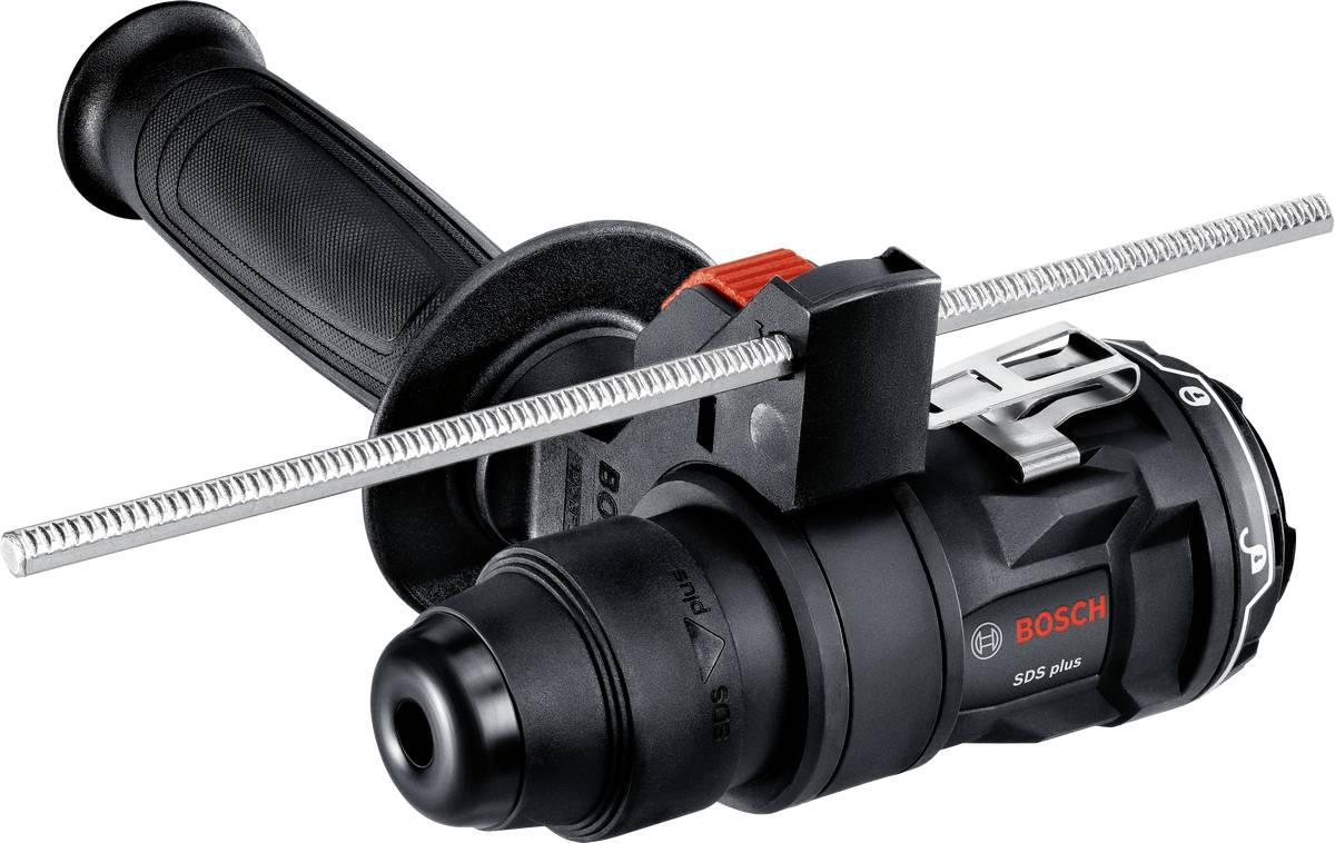 Black Bosch drill with additional handle and depth stop. Suitable for precision drilling.