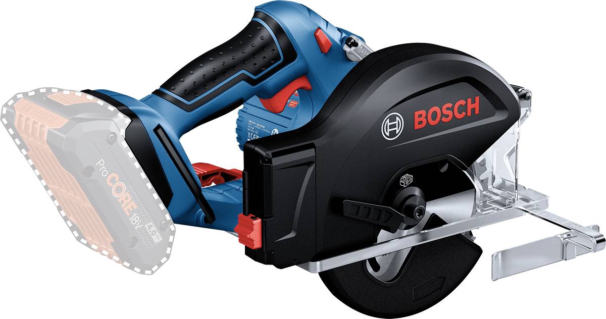 Battery-powered angle grinder by Bosch in black and blue, side view.