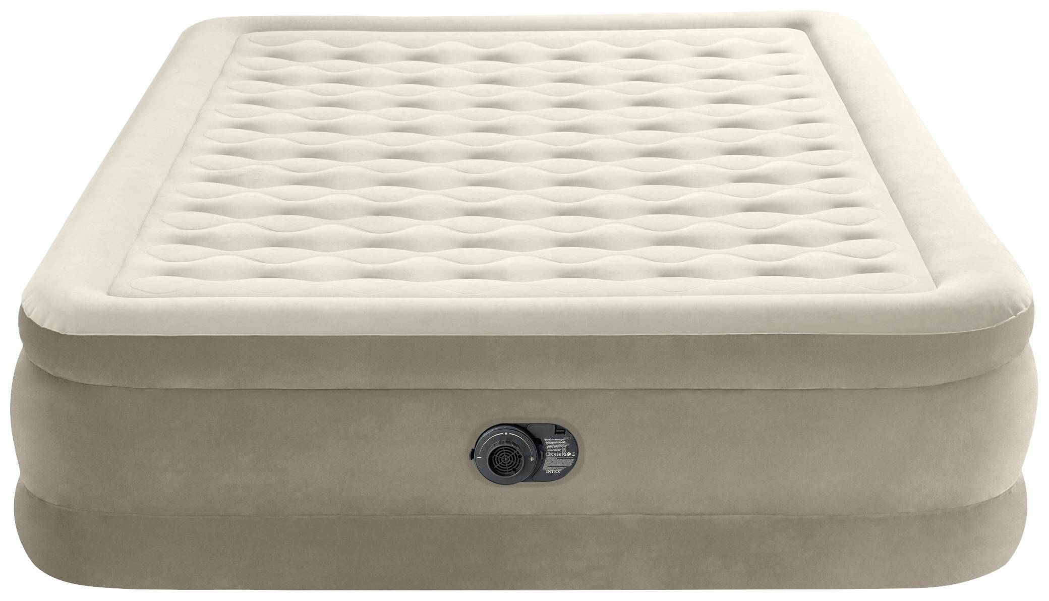 An inflatable airbed in light cream, with a built-in pump on the side, suitable for guests or travel.
