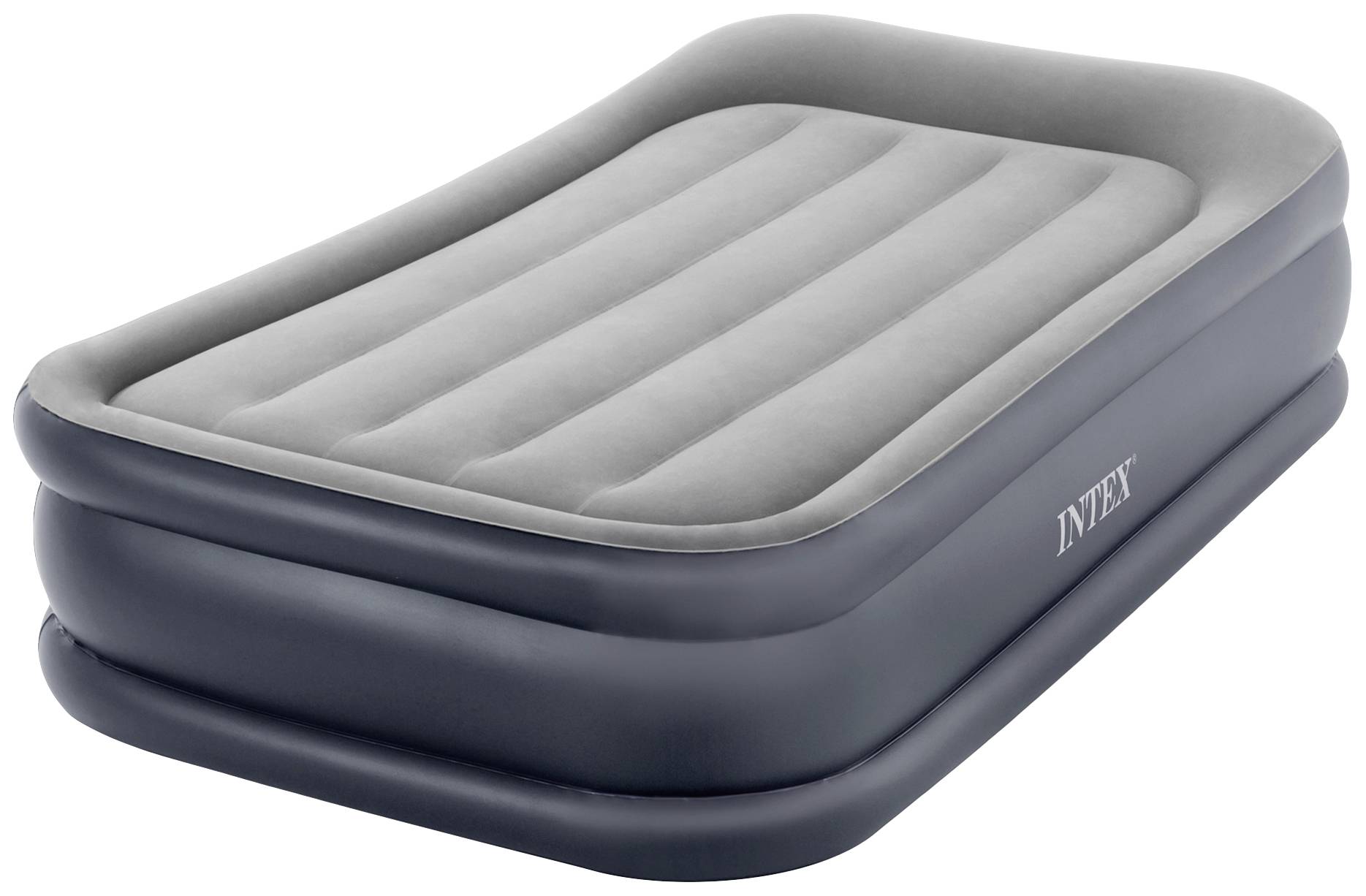 Grey-black inflatable mattress by Intex with raised edges and vertical air channels, suitable for indoor use.