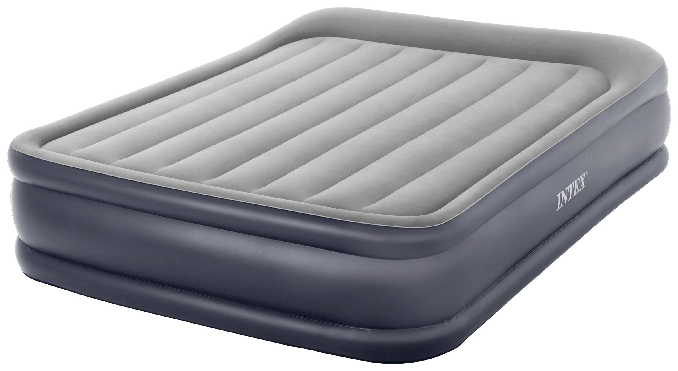 Inflatable airbed with raised edges, grey and blue, suitable for two people. Brand logo visible on the side.