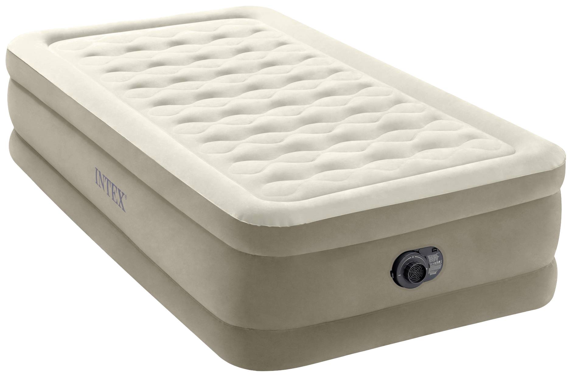 Inflatable beige bed with integrated pump, rectangular, suitable for one person. Ideal for guest visits or camping.
