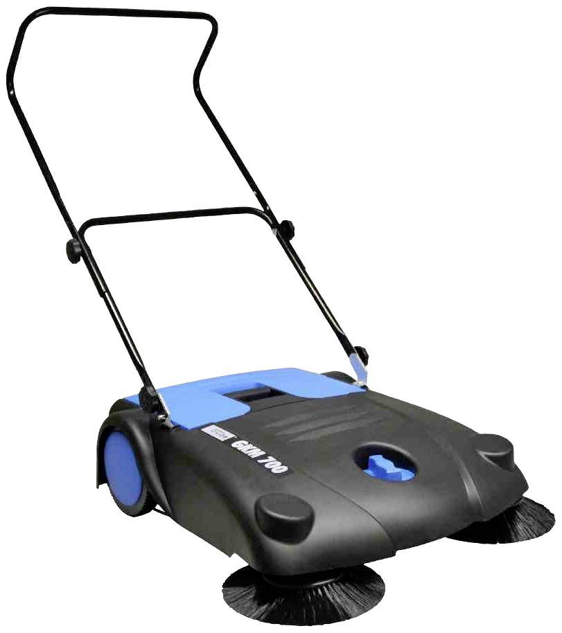 Hand-guided sweeping machine with a black housing and blue details, equipped with two round rotating brushes at the front for sweeping.