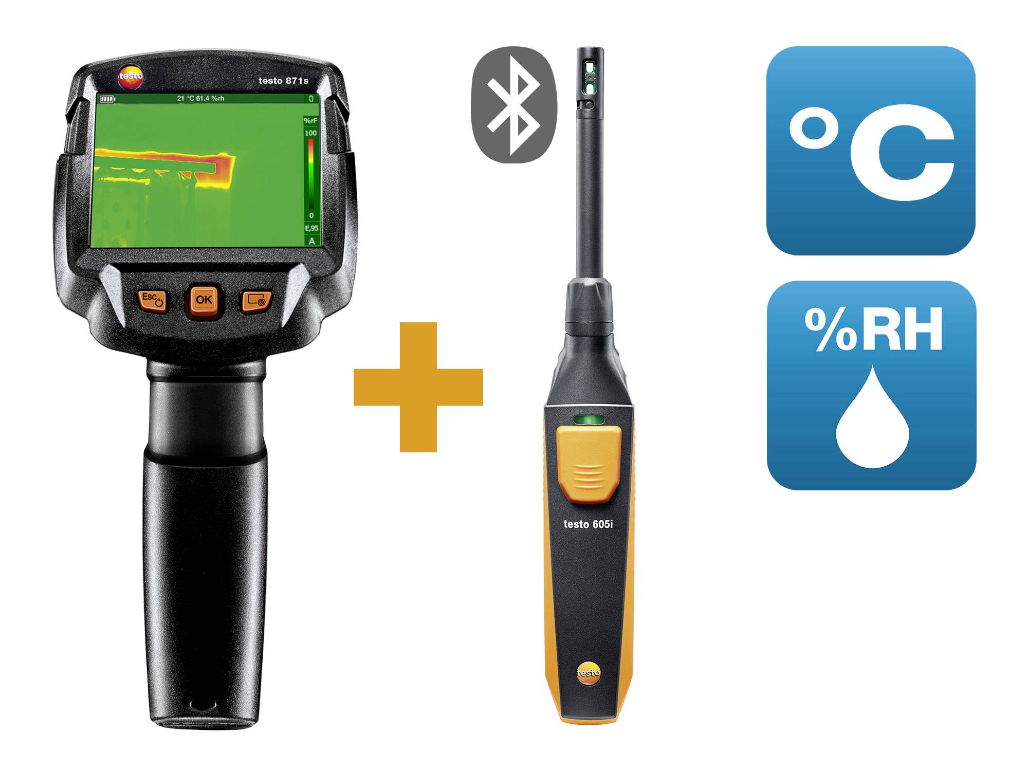 Two measuring devices: On the left, a thermal imaging camera with display, on the right a digital thermo-hygrometer. Bluetooth and symbols for temperature and humidity.