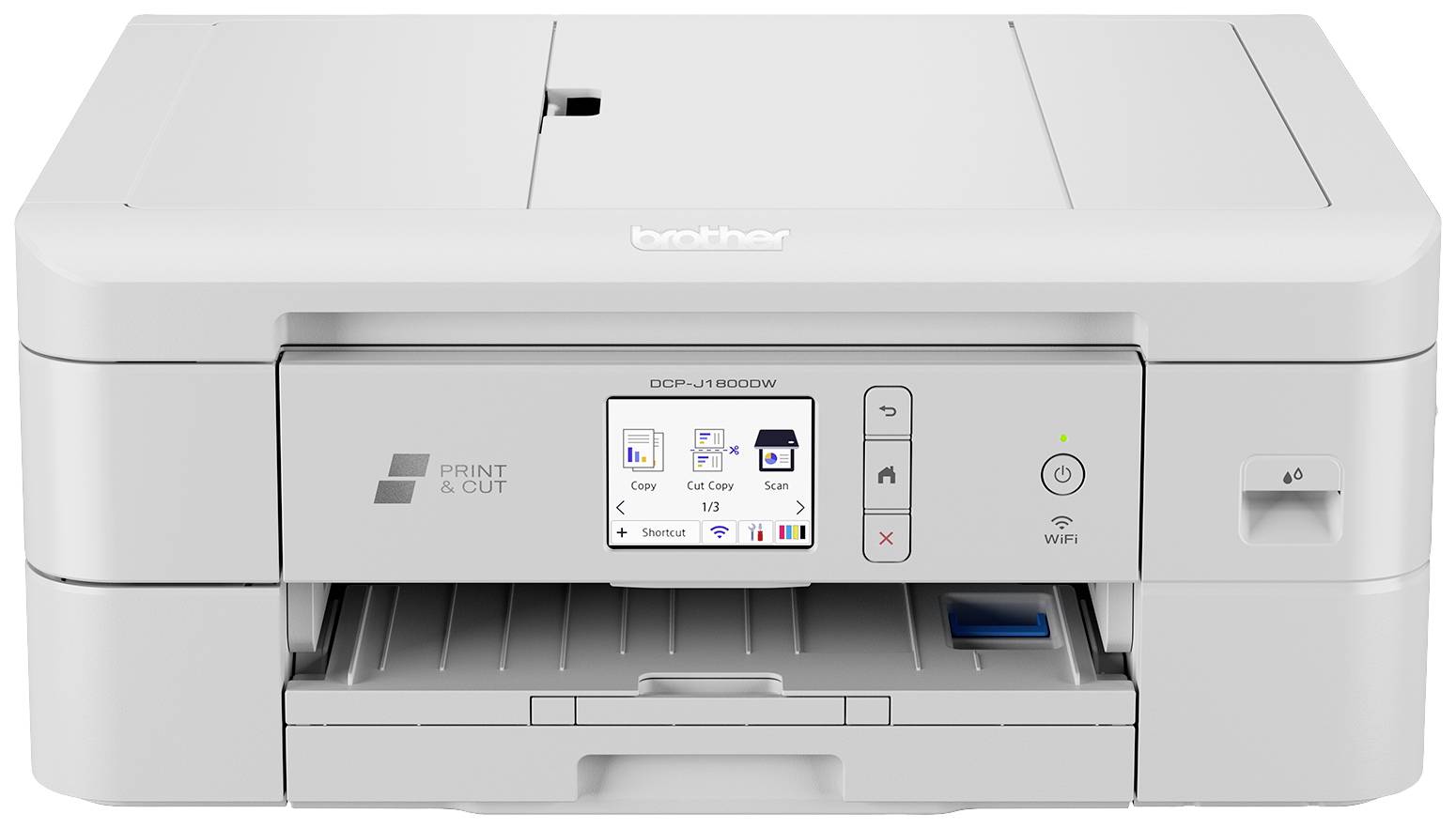 A white inkjet printer with a touchscreen display showing the options 'Copy', 'Scan', and 'Setup'.