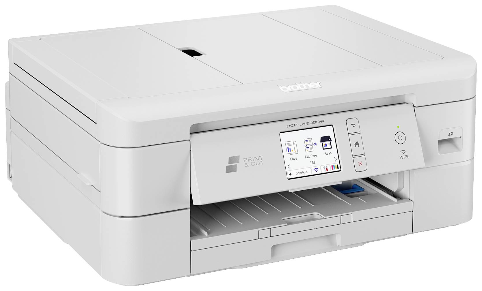 A white multifunction printer with a display and various control buttons, suitable for printing, scanning, and copying.