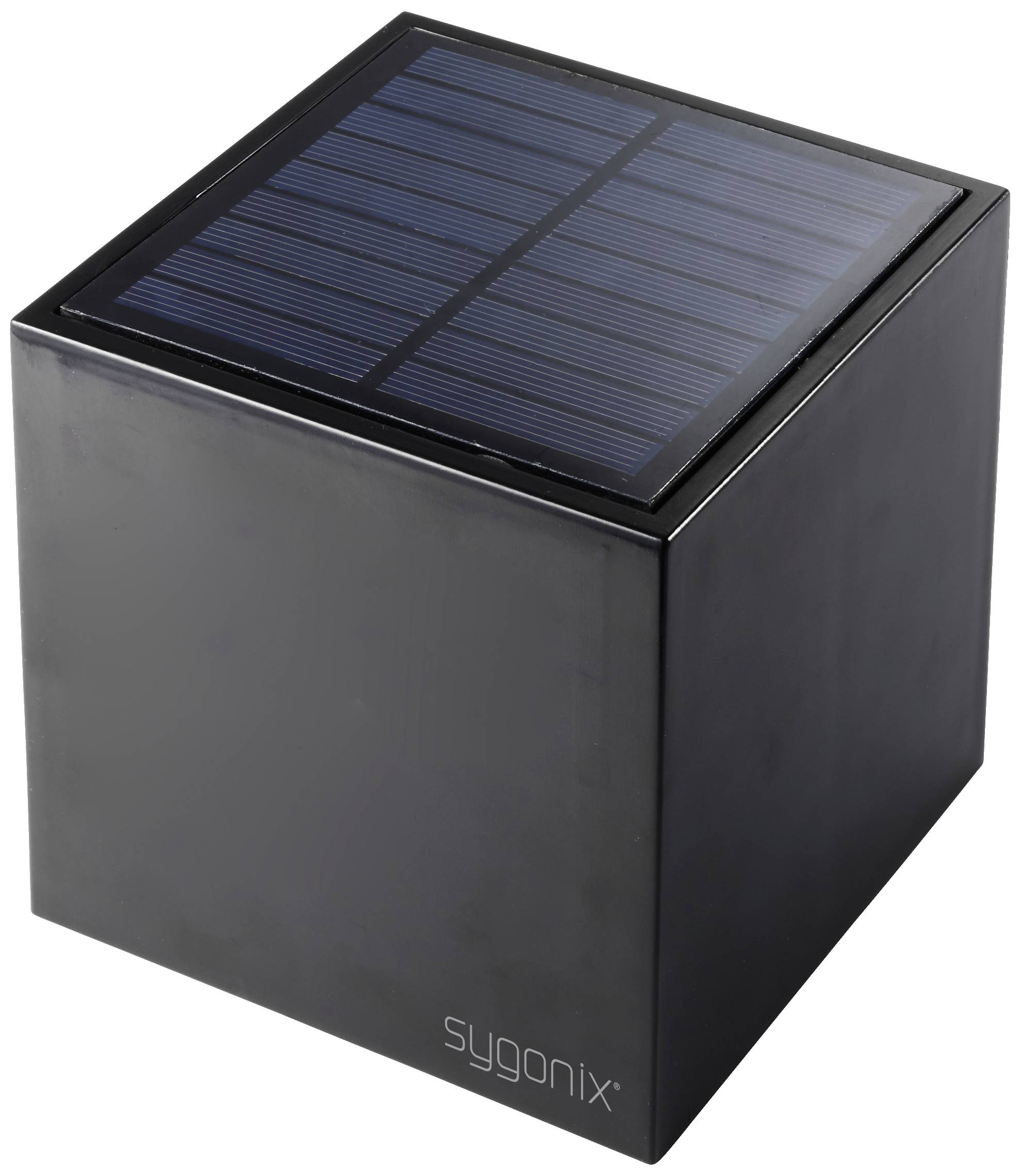 A black cube with a solar panel top. On the front is the word 'sygonix'.