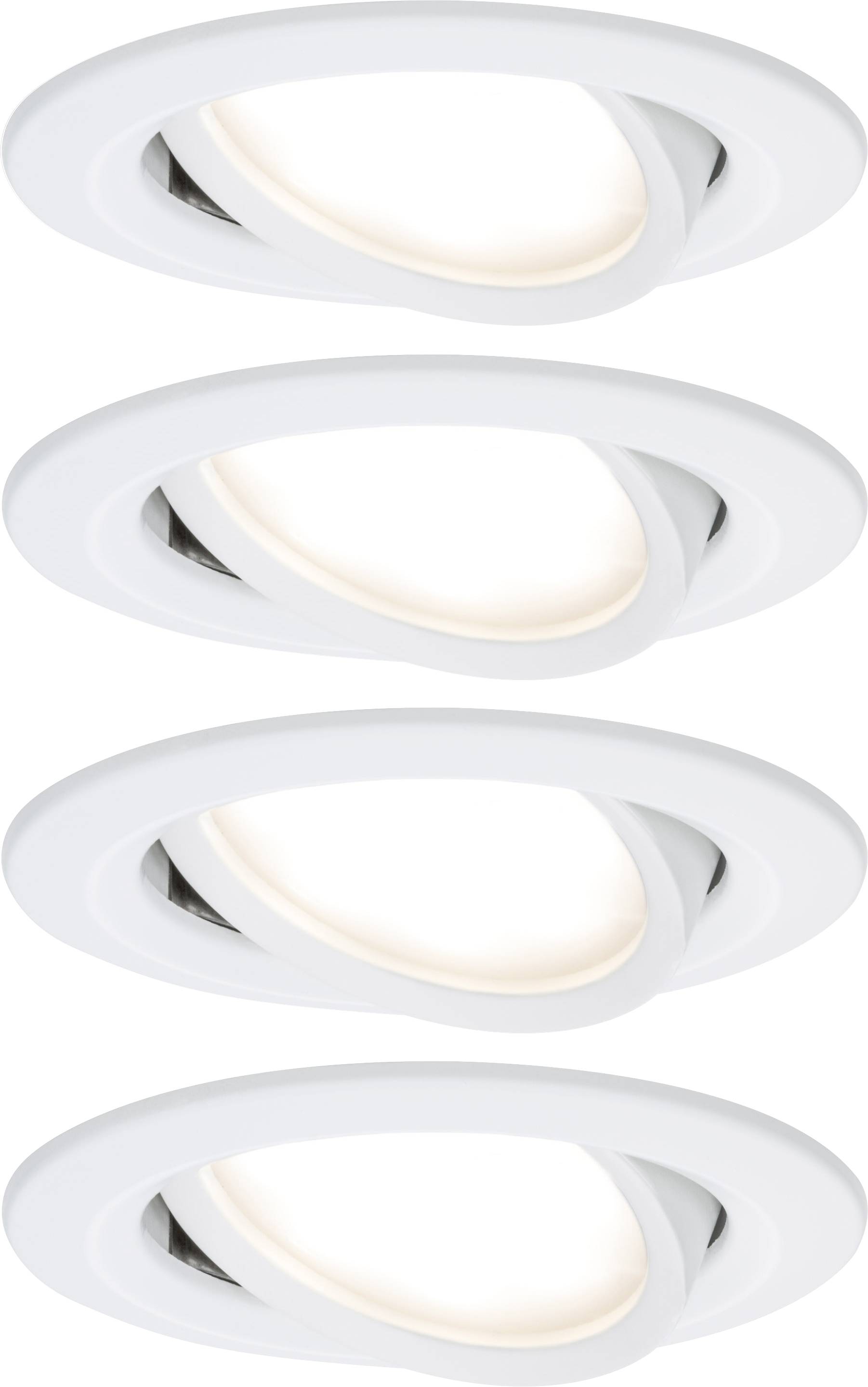 Four white, round recessed lights in a row, slightly angled, softly illuminate an area. They are identical in design and function.