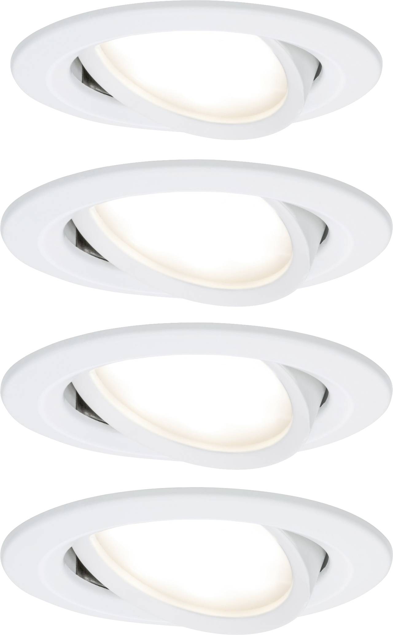 Four white, adjustable LED recessed spotlights, positioned at different angles.